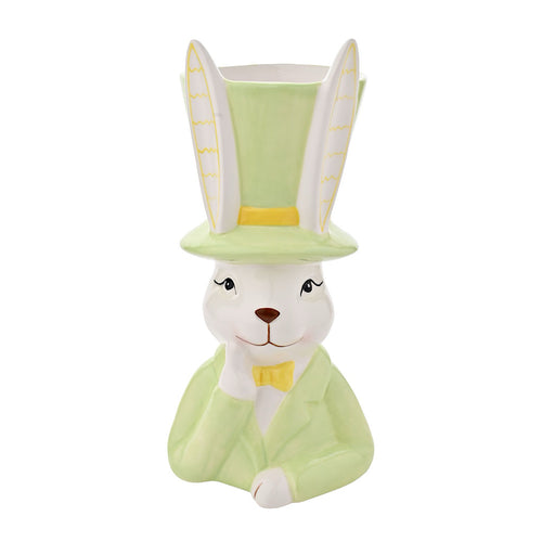 Large Eggs-traordinary Bunny in Top Hat Green Planter