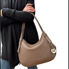 Load image into Gallery viewer, Bitter Chocolate Double Handle Hobo Style Shoulder Bag (modelled)

