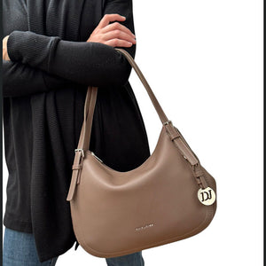 Bitter Chocolate Double Handle Hobo Style Shoulder Bag (modelled)