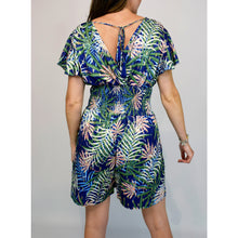 Load image into Gallery viewer, Blue Tropical Leaf Playsuit with Pockets (back)
