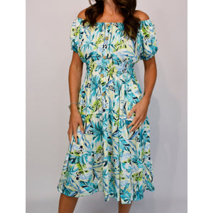 Bardot Midi Dress with Pockets | Aqua Vibrant Multi Leaf