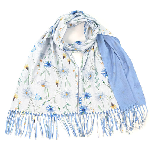 Reversible Cornflower Blue Floral Pashmina