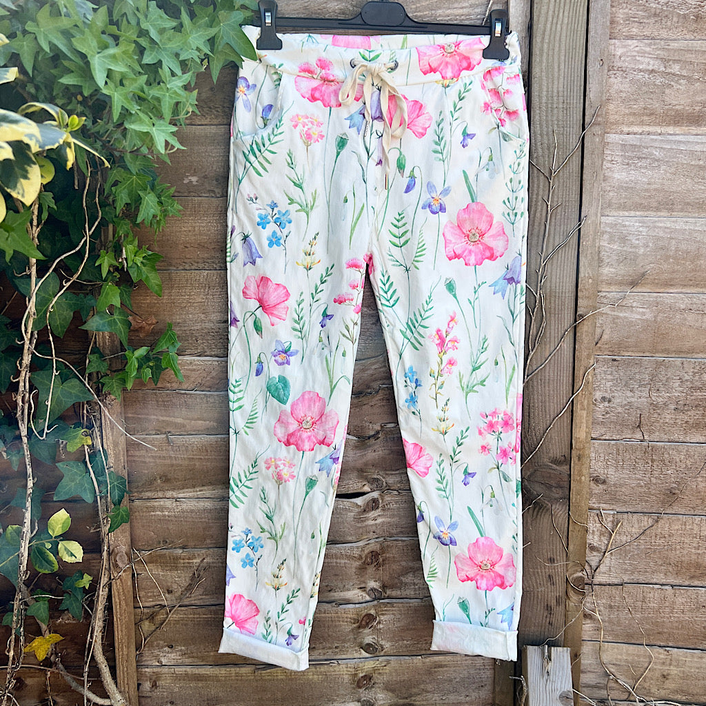 White with Coloured Flower Print Magic Trousers
