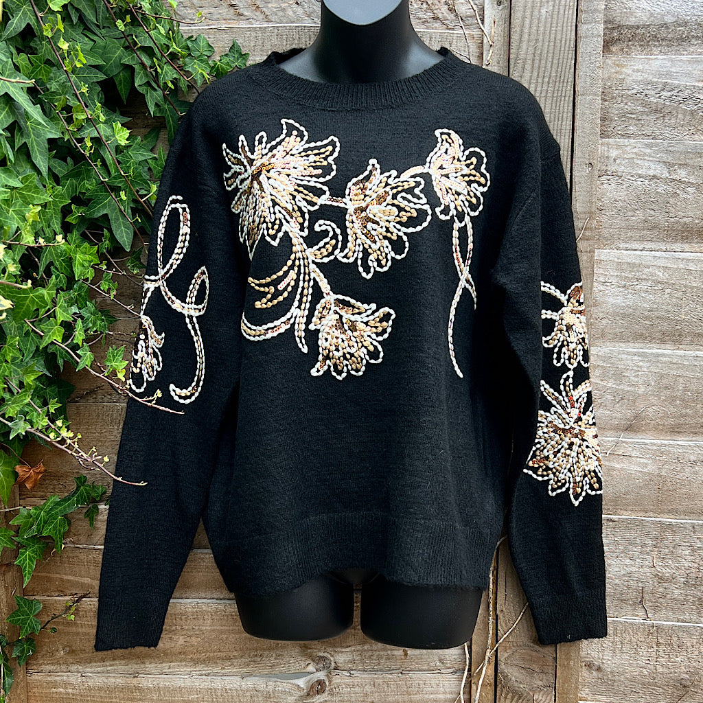 Black Embroidered Sequin Detail Soft Knit Jumper