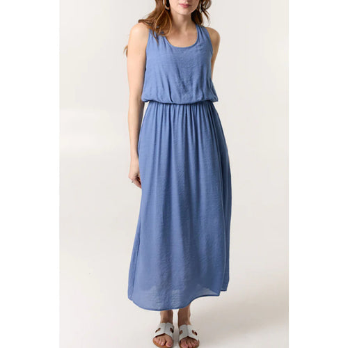 Plain Denim Blue Puff Ball Midi Dress (front)