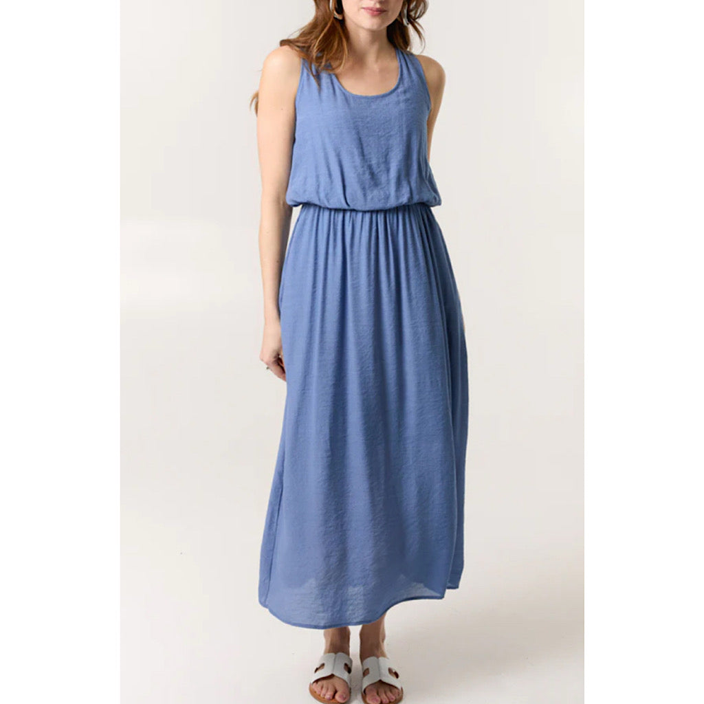 Plain Denim Blue Puff Ball Midi Dress (front)