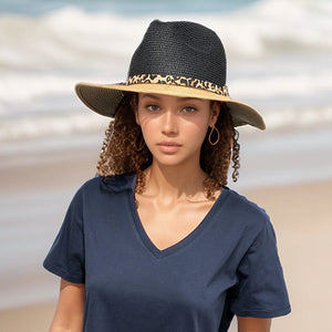 Black & Natural Two Tone Panama Foldable Hat (on model)