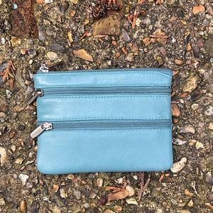 Sea Blue Soft Leather 3 Zip Coin Purse