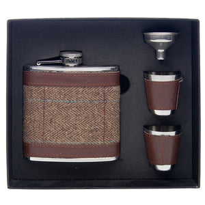 Capsulated Top 6oz Hip Flask, Tweed + Cups and Funnel | Chestnut Brown