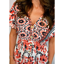 Load image into Gallery viewer, Angel Sleeve V-Neck Midi Dress with Pockets | Red Floral Border Print (close up)
