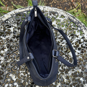 Navy 'Emma' Soft Leather Shoulder Bag (open)
