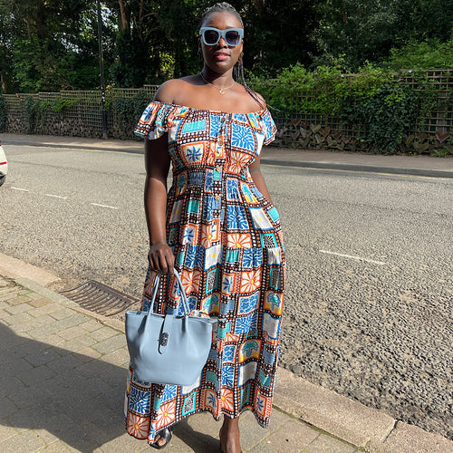 Bardot Front Button Maxi Dress with Pockets | Black & Orange Summer Vibes