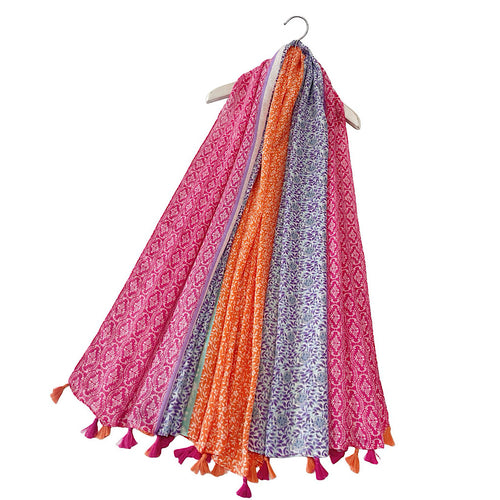 Fuchsia Pink Colourful Floral Stripe Print Tassel Scarf