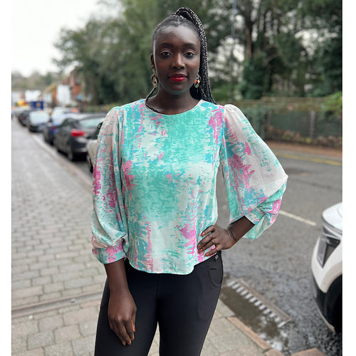 Water Colour Patterned Blouse (Aqua)