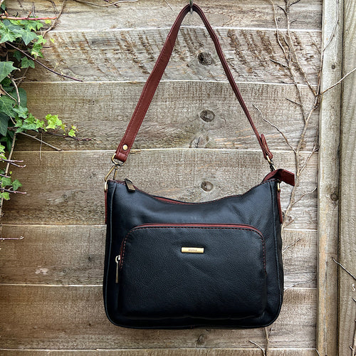 Black & Tan Leather 'Lucy' Front Zip Pocket Shoulder Bag (front)