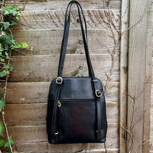 2 in One "Caterina" Italian Leather Shoulder Bag & Backpack | Black (back)