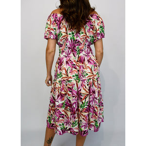 Bardot Midi Dress with Pockets | Magenta Vibrant Multi Leaf (back)
