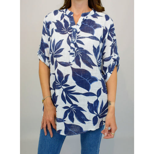 Navy Leaf Button Front Cotton Top