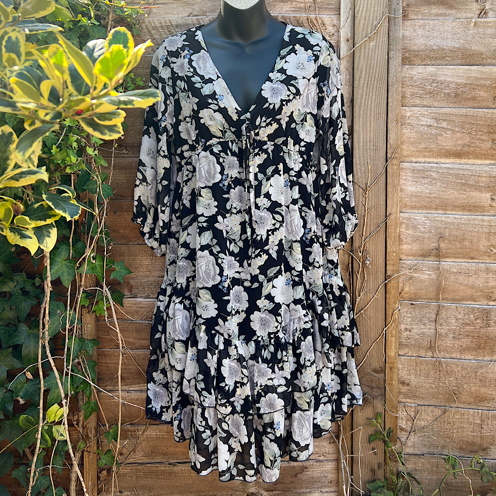 Black Peony Passion Chiffon Tiered Dress