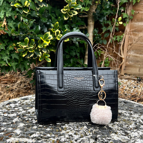 Black Patent Faux Croc Handbag