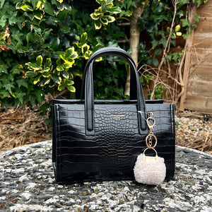 Black Patent Faux Croc Handbag