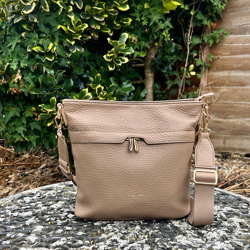 Taupe Front Zip Pocket Messenger Style Bag