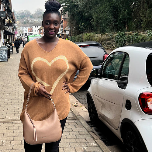 Camel Oversized Heart Print Jumper