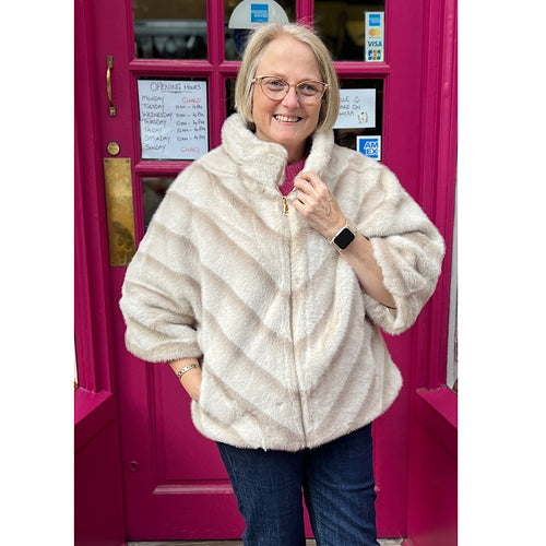 Ivory Elegance with Stripe Detail Faux Fur Zip Jacket