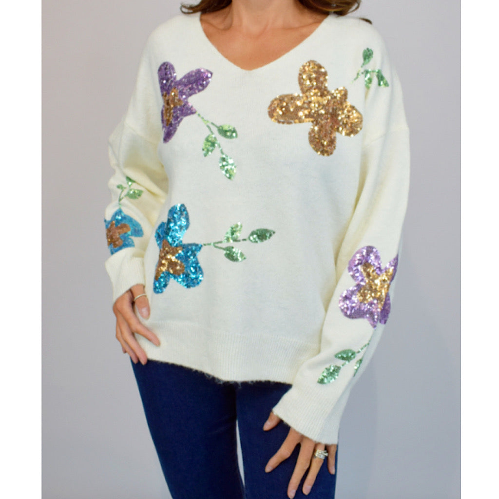 Ivory Coloured Sequin Flower V-Neck Jumper