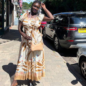 Bardot with Pockets Maxi Dress | Beige Safari Print