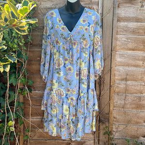Sky Blue Peony Passion Chiffon Tiered Dress