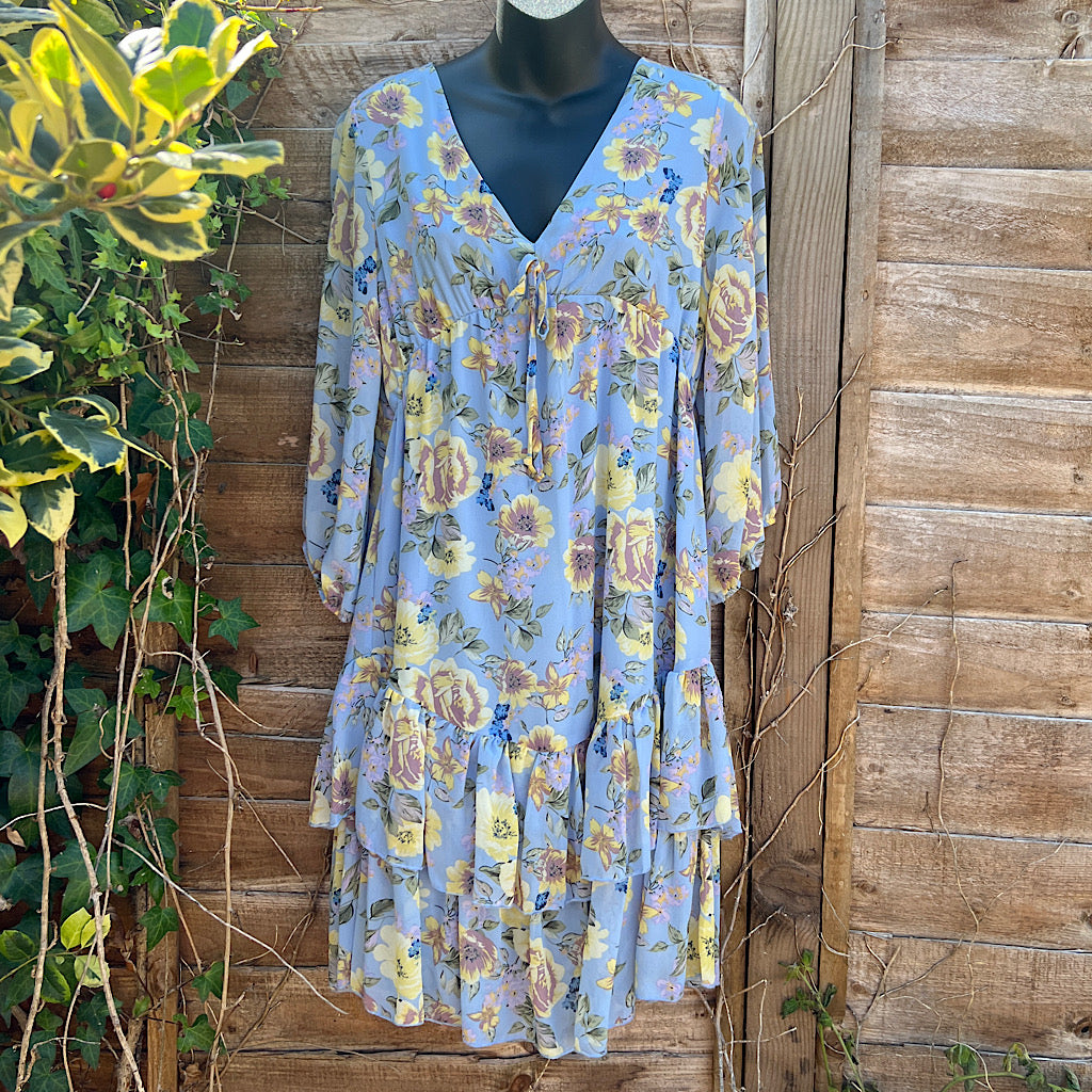 Sky Blue Peony Passion Chiffon Tiered Dress