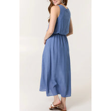 Load image into Gallery viewer, Plain Denim Blue Puff Ball Midi Dress (back)
