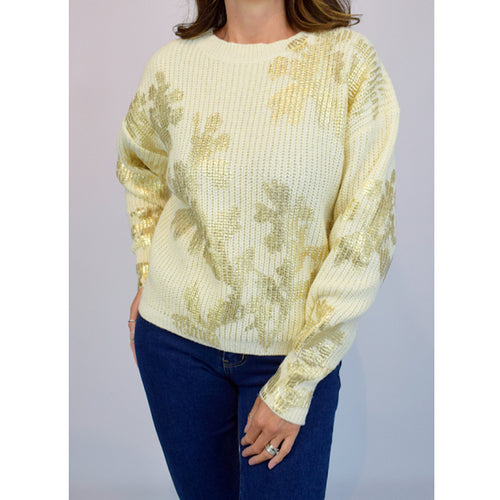 Stone Gold Foil Flower Ribbed Jumper
