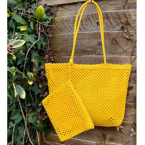 Sunshine Yellow Woven Crochet Beach Bag with Small Bag/Purse