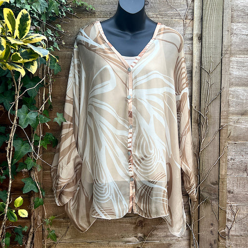 Almond Milk Abstract Wave Print Silk 2 Piece Top