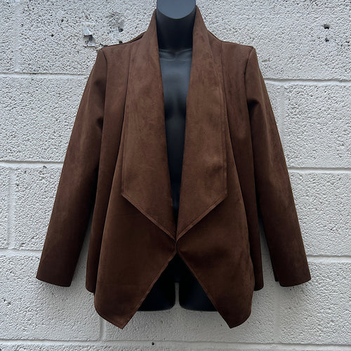 Chocolate Suedette Waterfall Drape Front Jacket