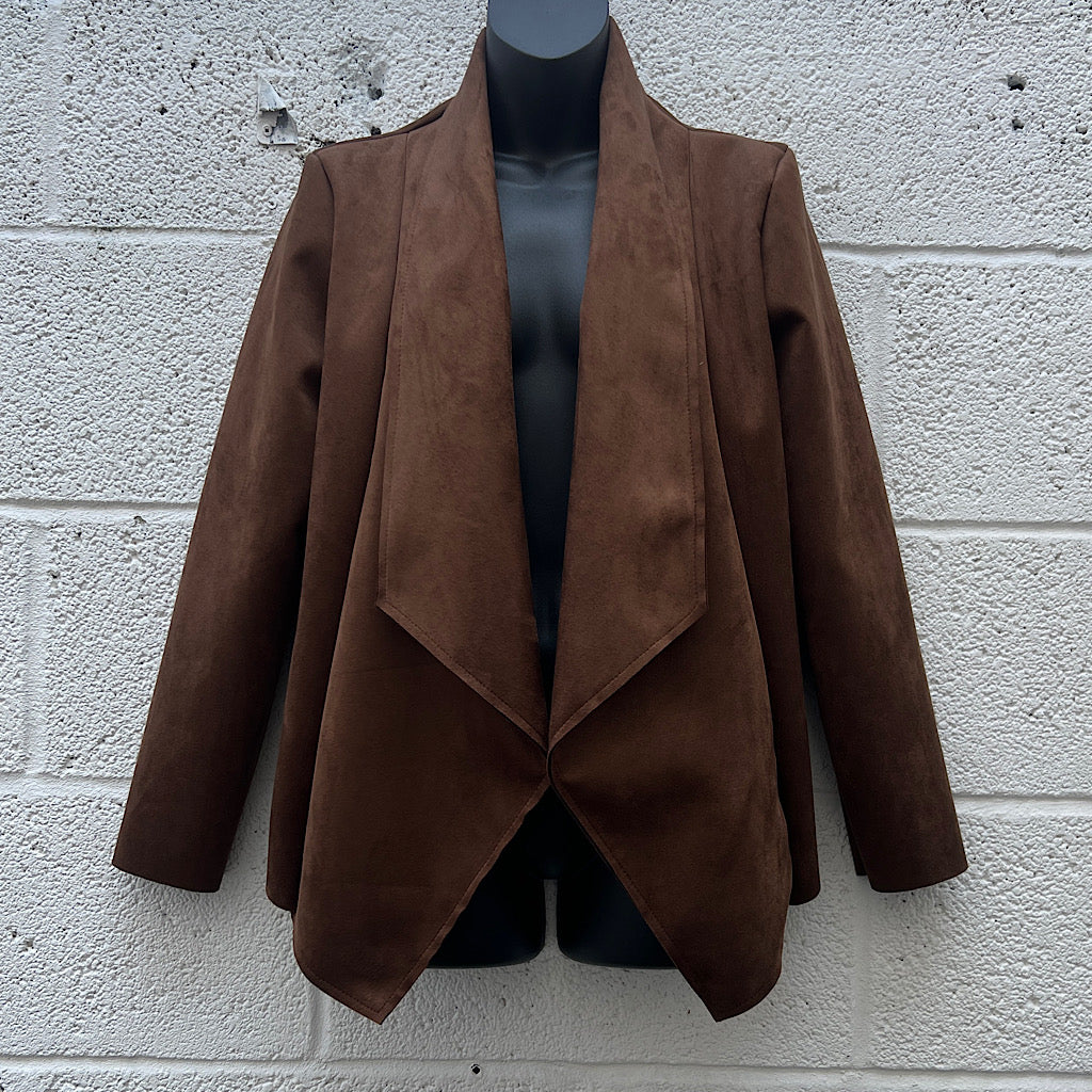 Chocolate Suedette Waterfall Drape Front Jacket