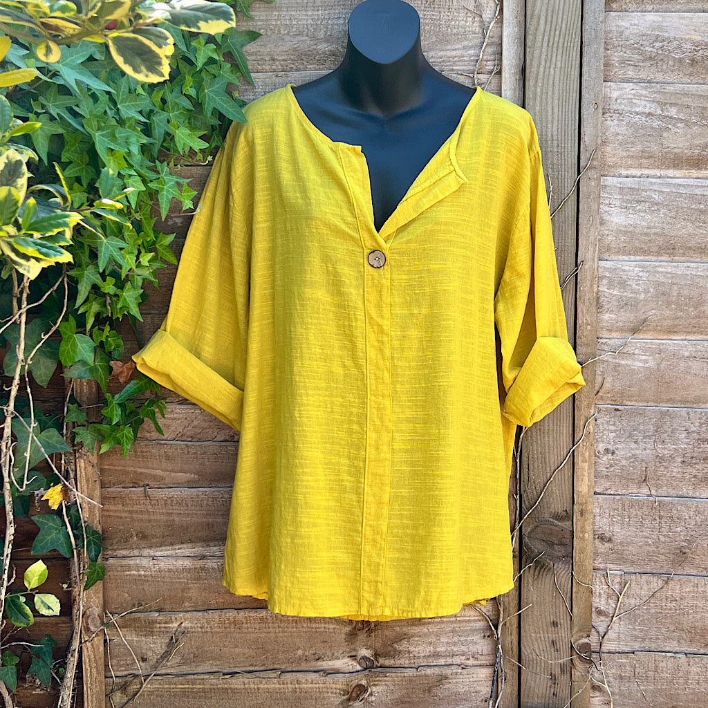 Plain Yellow V-Neck Cotton Top with Button Detail