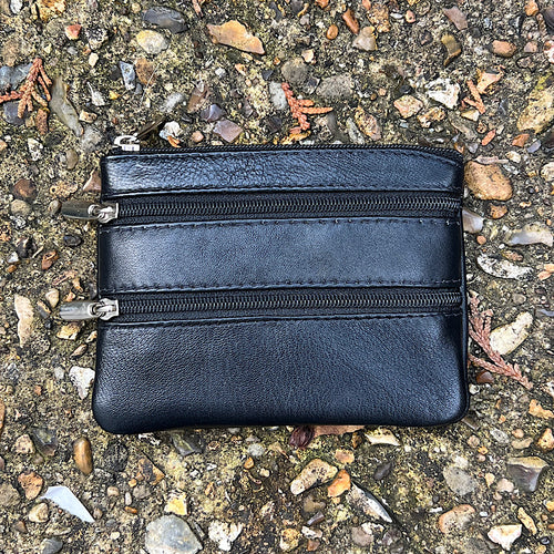 Black Soft Leather 3 Zip Coin Purse