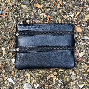 Black Soft Leather 3 Zip Coin Purse
