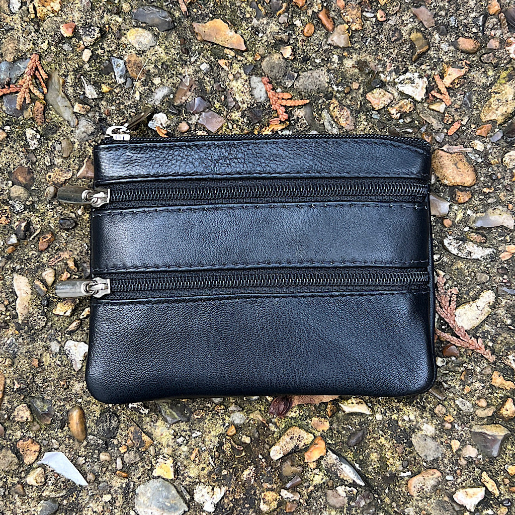 Black Soft Leather 3 Zip Coin Purse