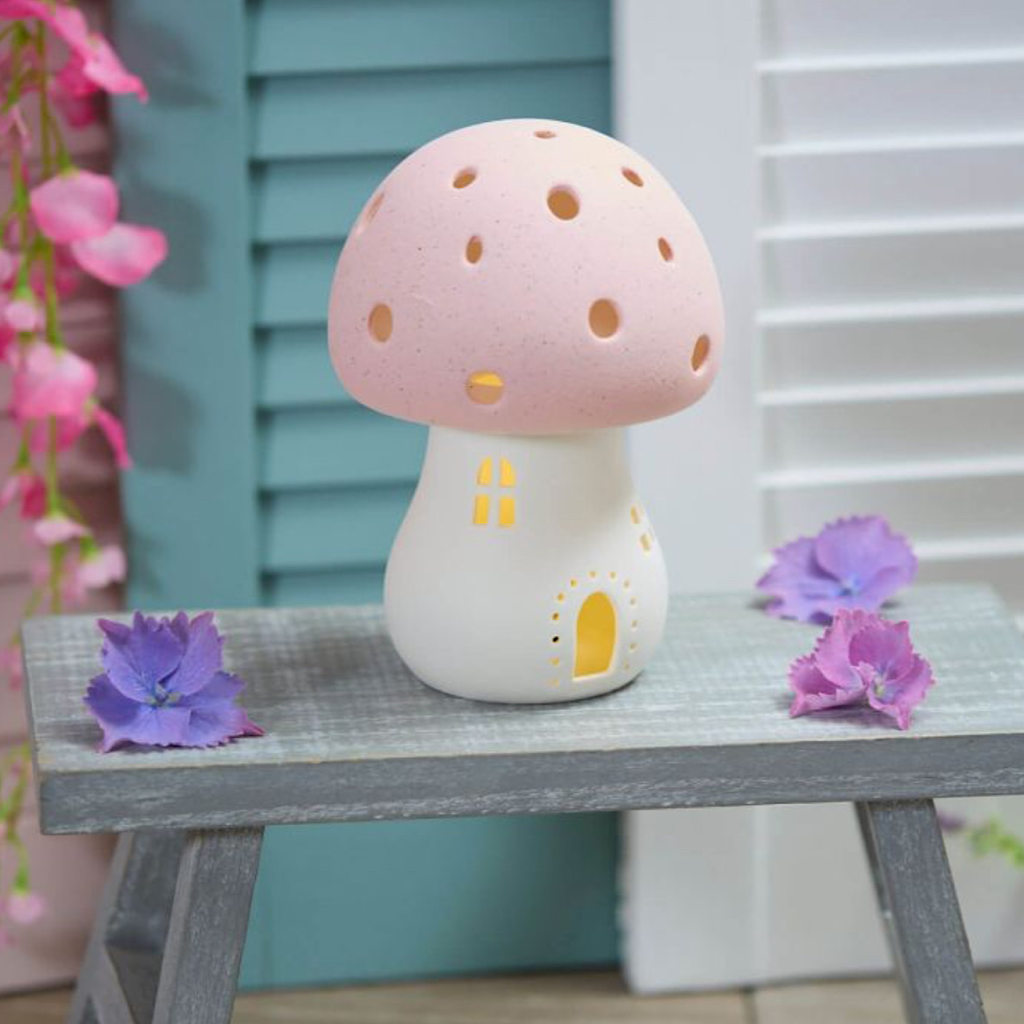 Porcelain Pink Toadstool House with LED Light (lifestyle)