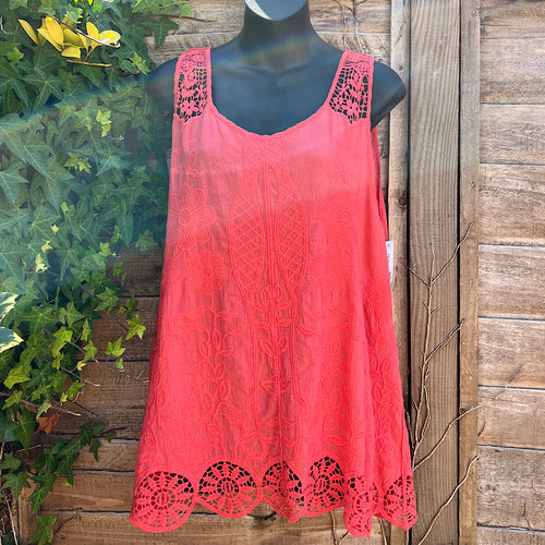Coral Sleeveless Floral Embroidered Top with Crochet Strap & Hem