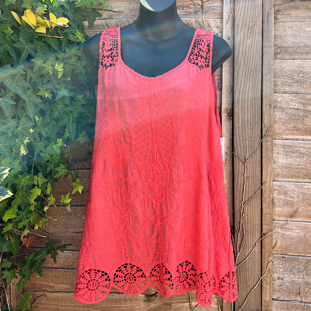 Coral Sleeveless Floral Embroidered Top with Crochet Strap & Hem