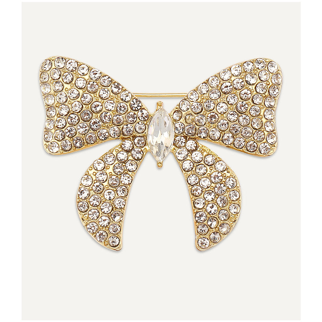 Gold Crystal Bow Brooch