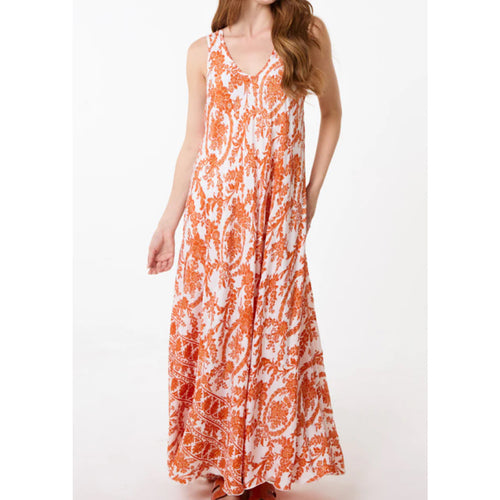 Orange Floral Paisley V-Neck Maxi Dress