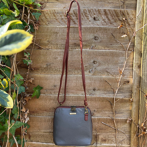 Grey & Tan Two Tone Classic 'Anne' Leather Crossbody Bag (front)