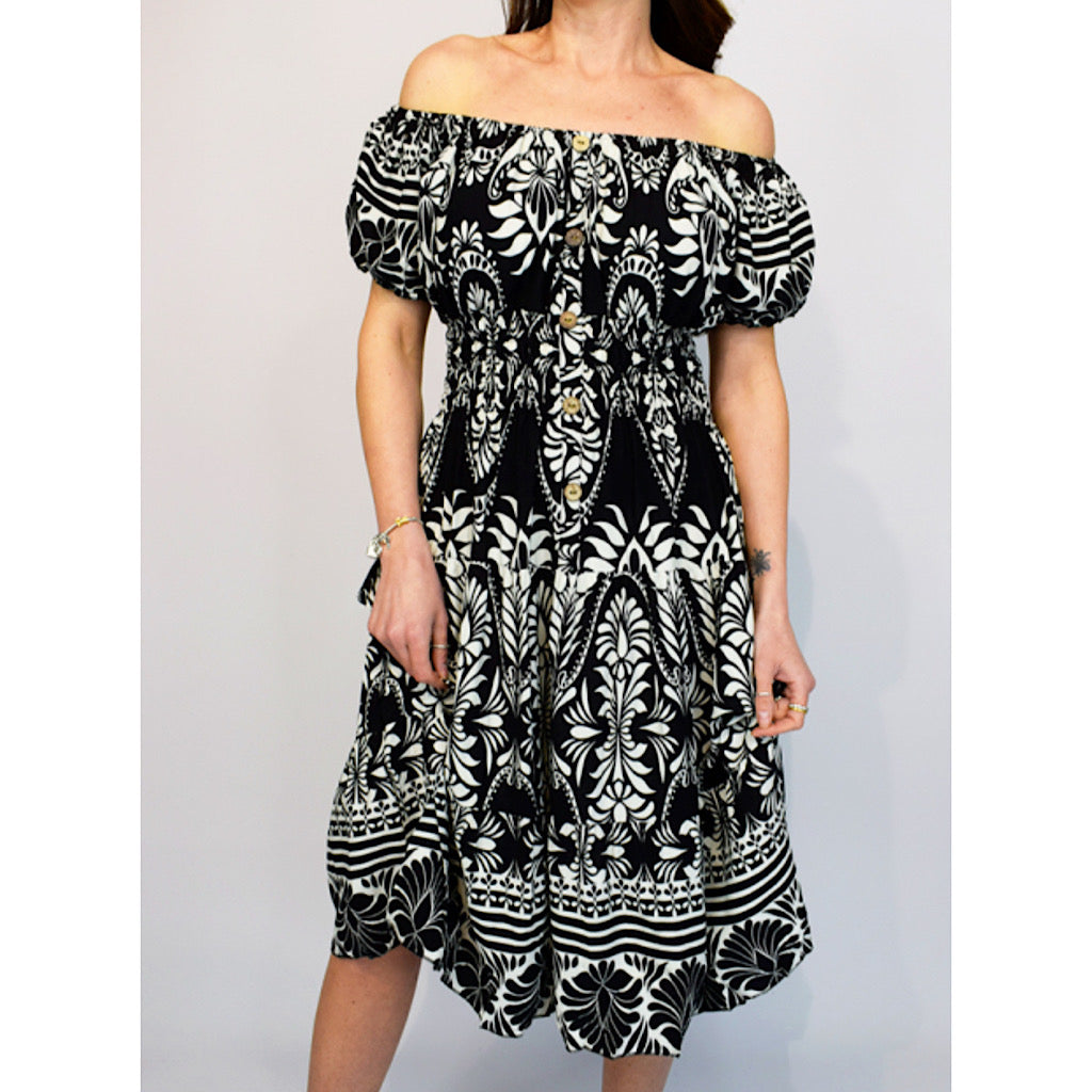 Bardot Midi Dress with Pockets | Black Aztec Paisley Print