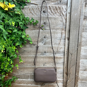 Small Bitter Chocolate Double Zip Crossbody Bag (hanging)